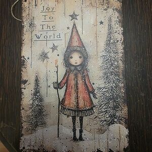 Joy to the World Wall Art with Red Hooded Figure - Metal